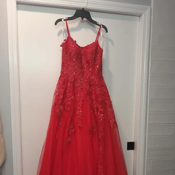 jj's house prom dresses Satin this gown includes thin spaghetti straps and a high slit Serving main character energy in